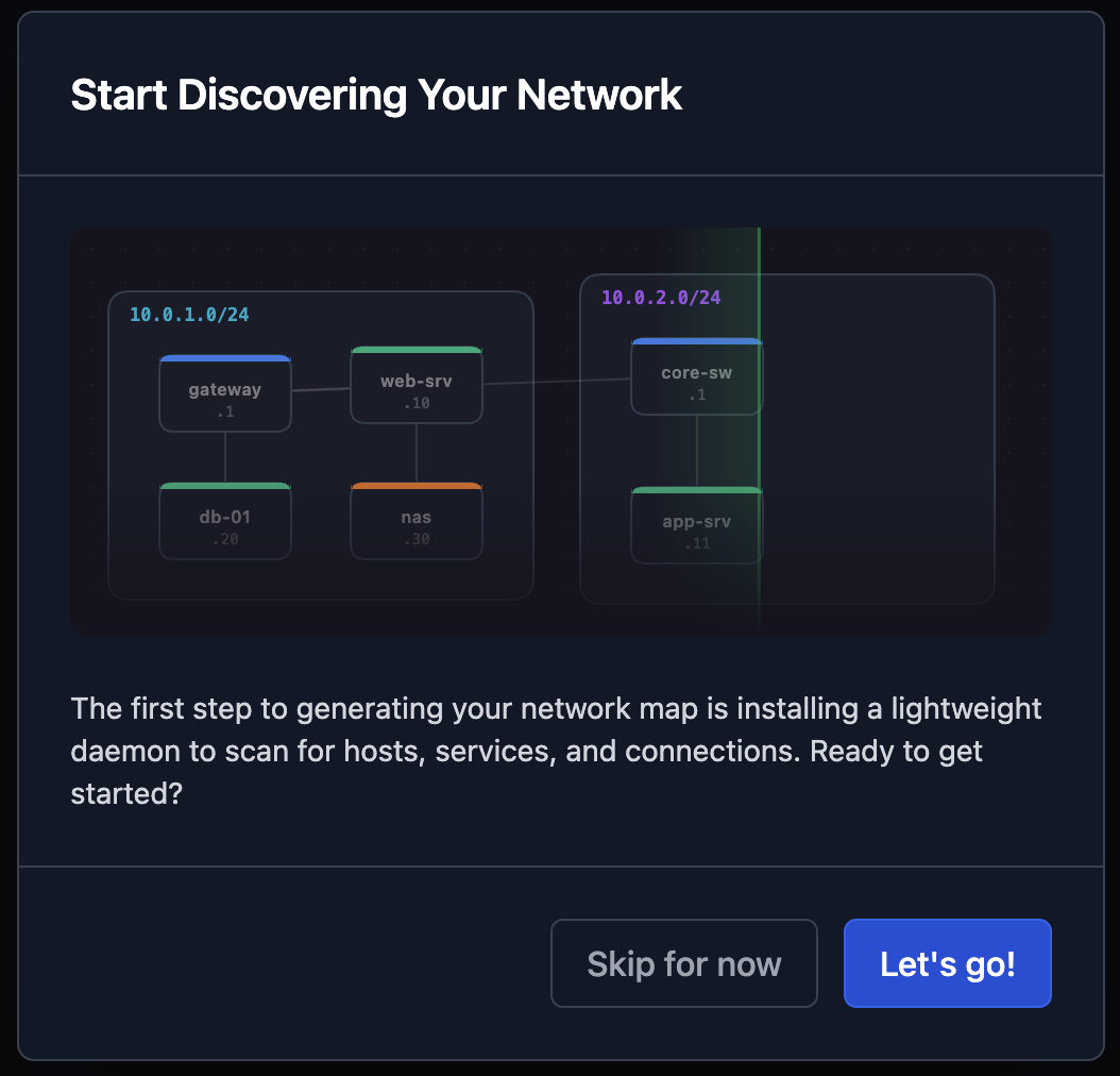 Animated mini topology network preview with interactive node cards and sweep effect
