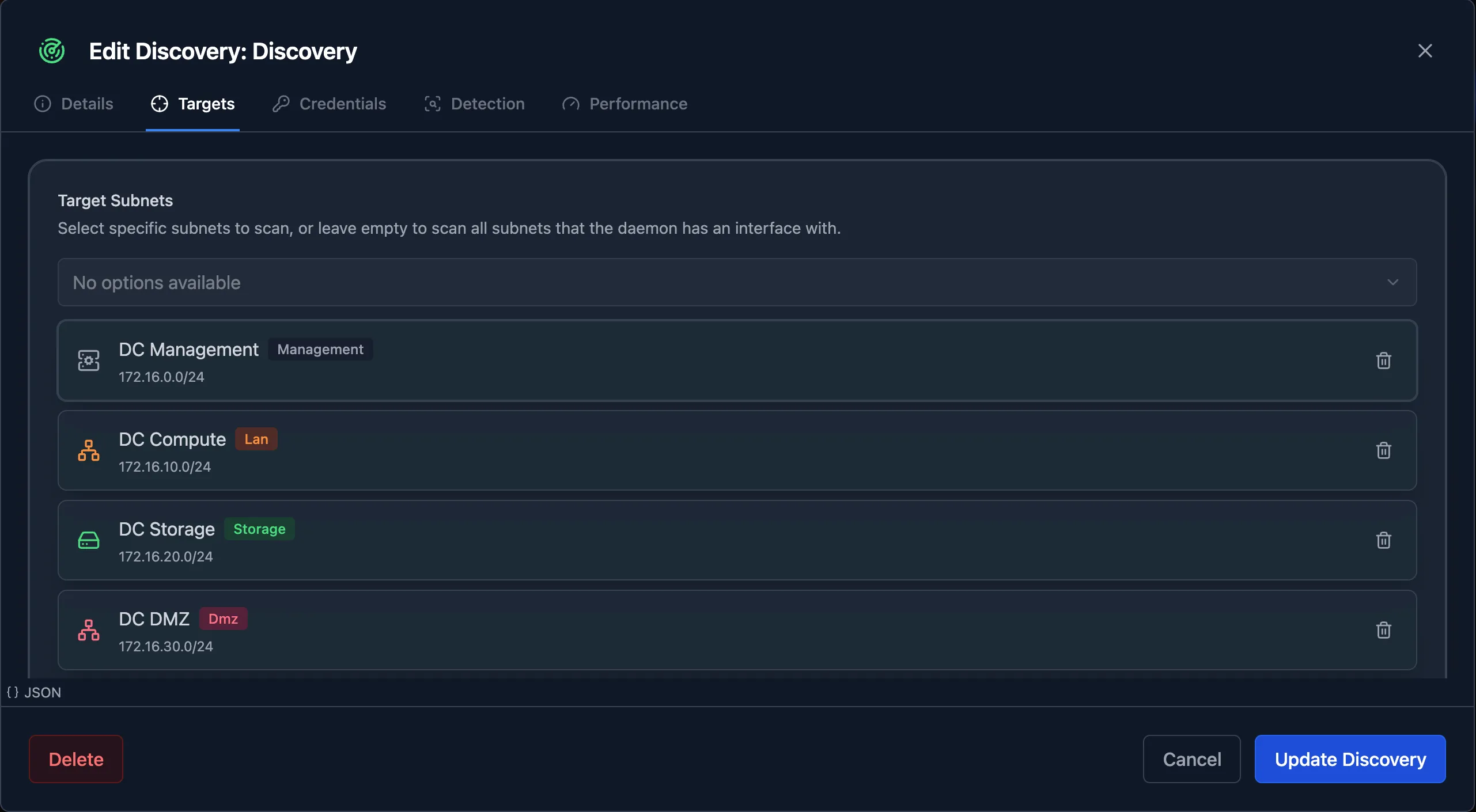 Discovery modal showing reorganized tabs and scan options