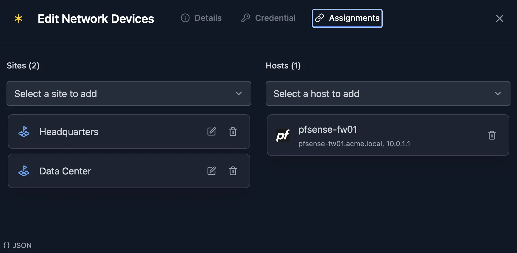 A credential's Assignments tab, targeting two sites and one host