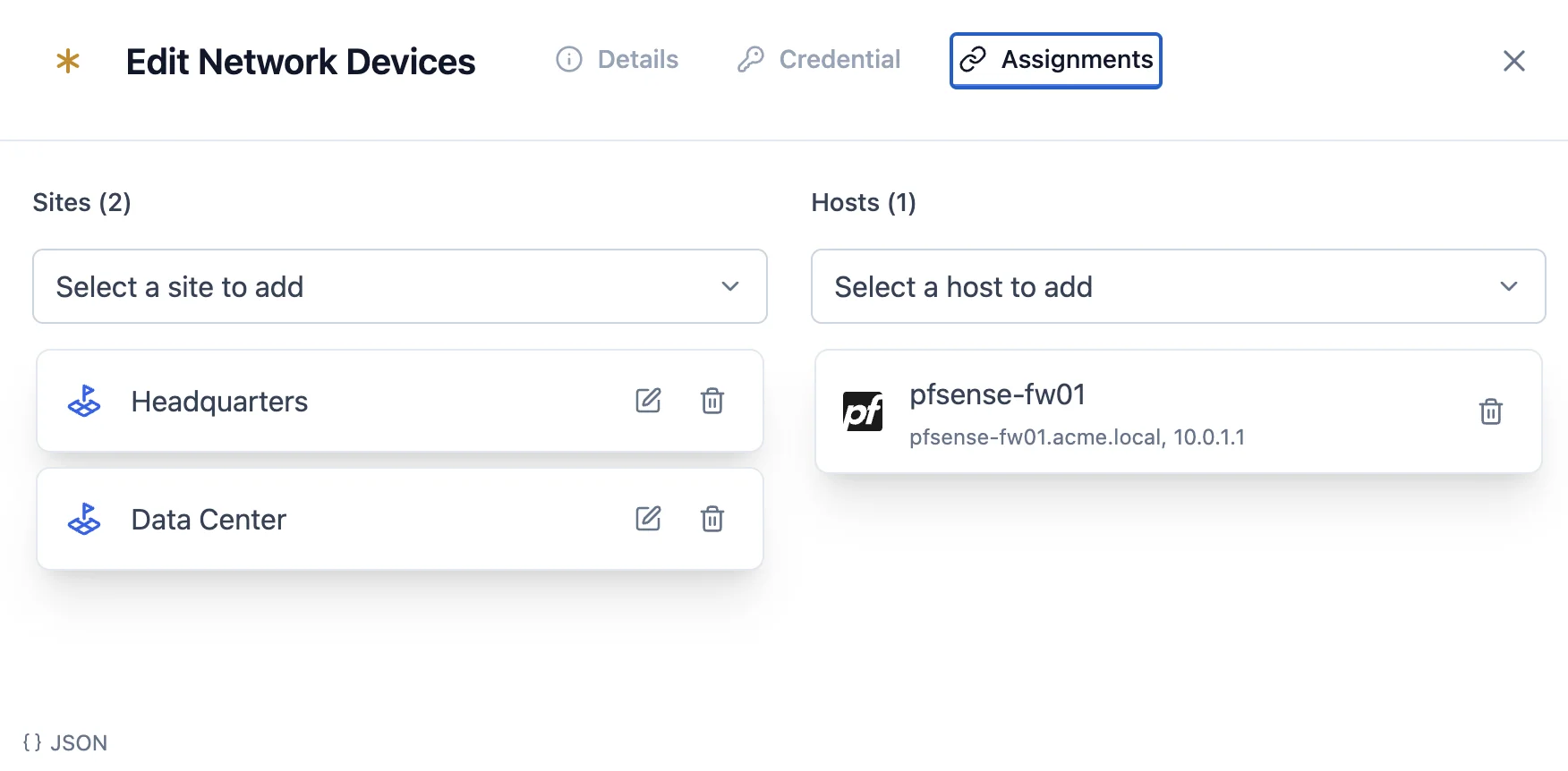 A credential's Assignments tab, targeting two sites and one host