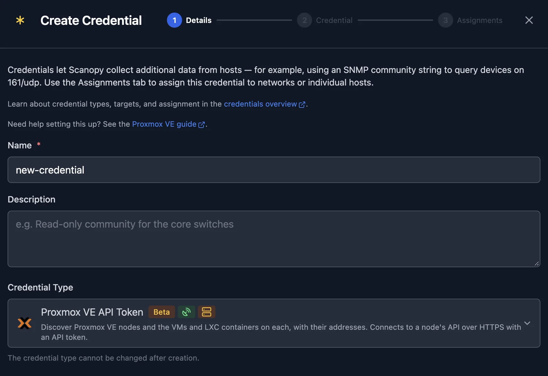 The Details step of the Create Credential wizard, with Proxmox VE API Token selected as the credential type