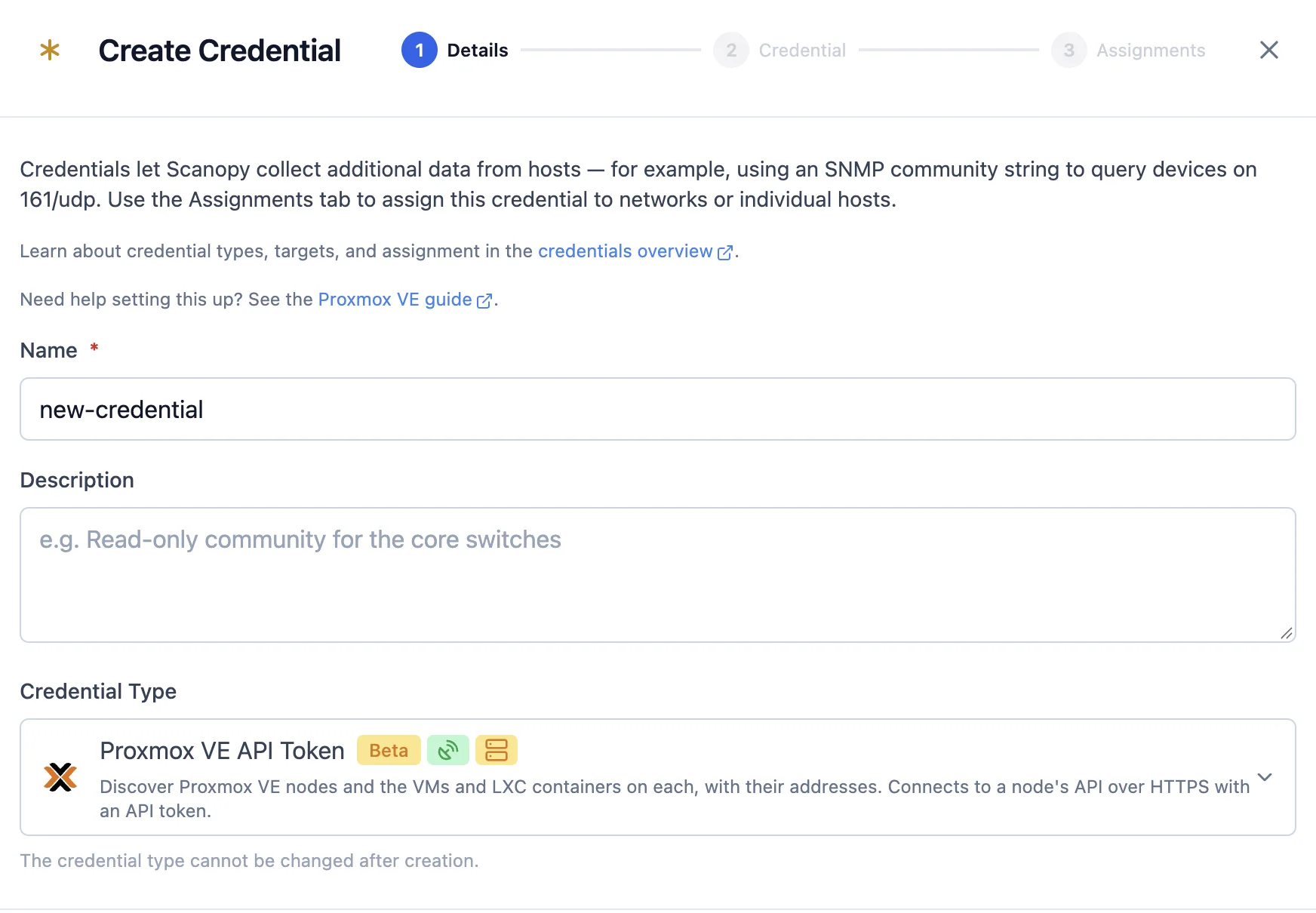 The Details step of the Create Credential wizard, with Proxmox VE API Token selected as the credential type
