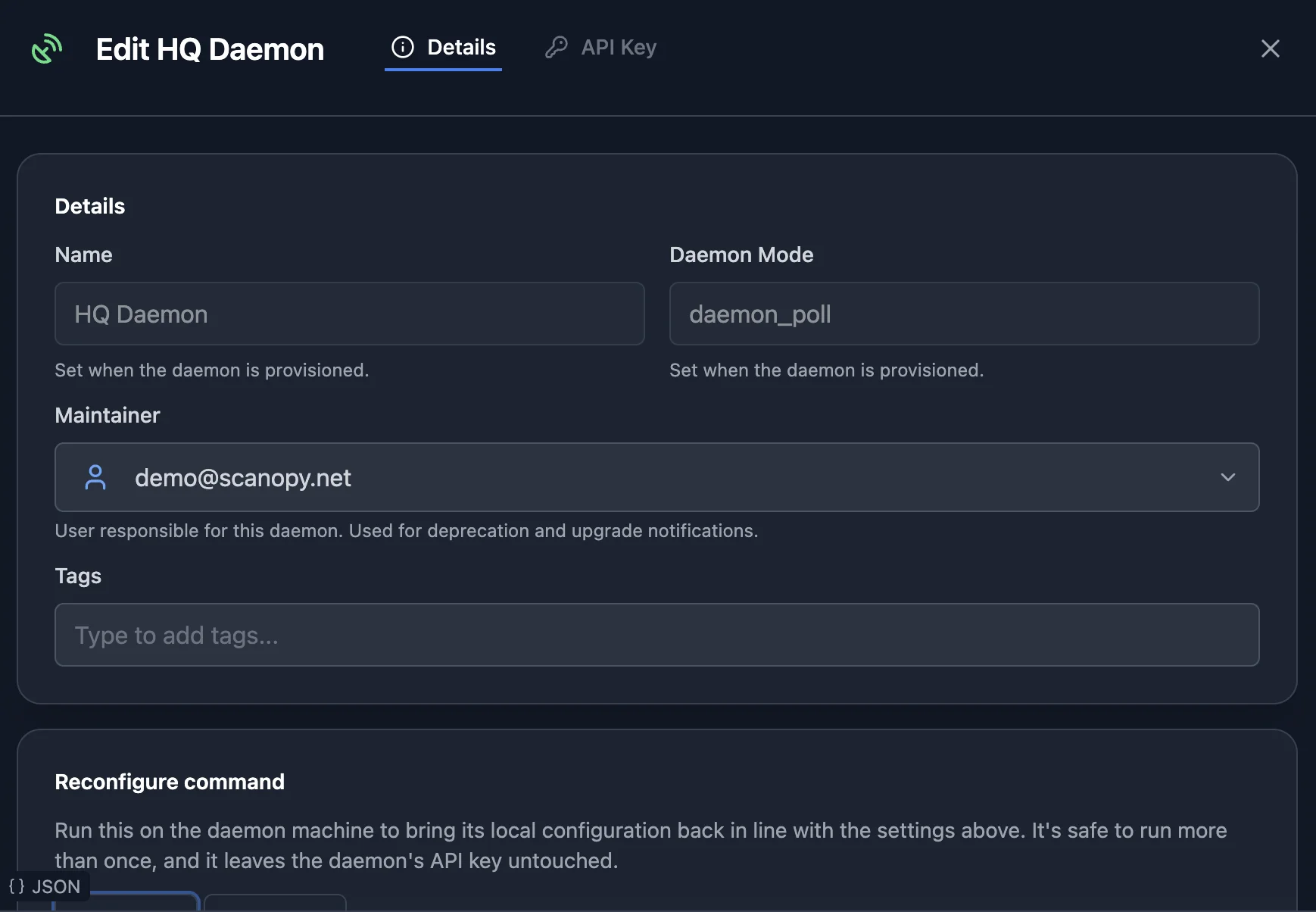 The Details tab of a daemon's management modal, with read-only name and mode, and editable maintainer and tags