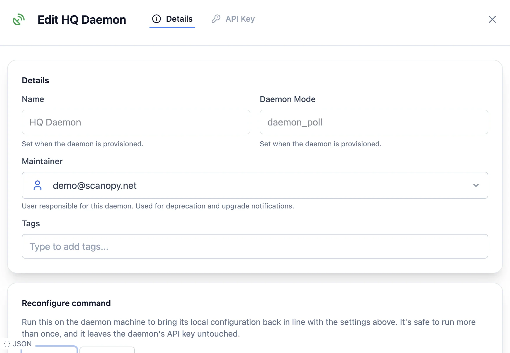 The Details tab of a daemon's management modal, with read-only name and mode, and editable maintainer and tags