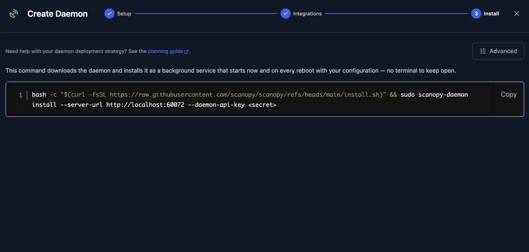 The Install step of the Create Daemon wizard, showing the generated install command