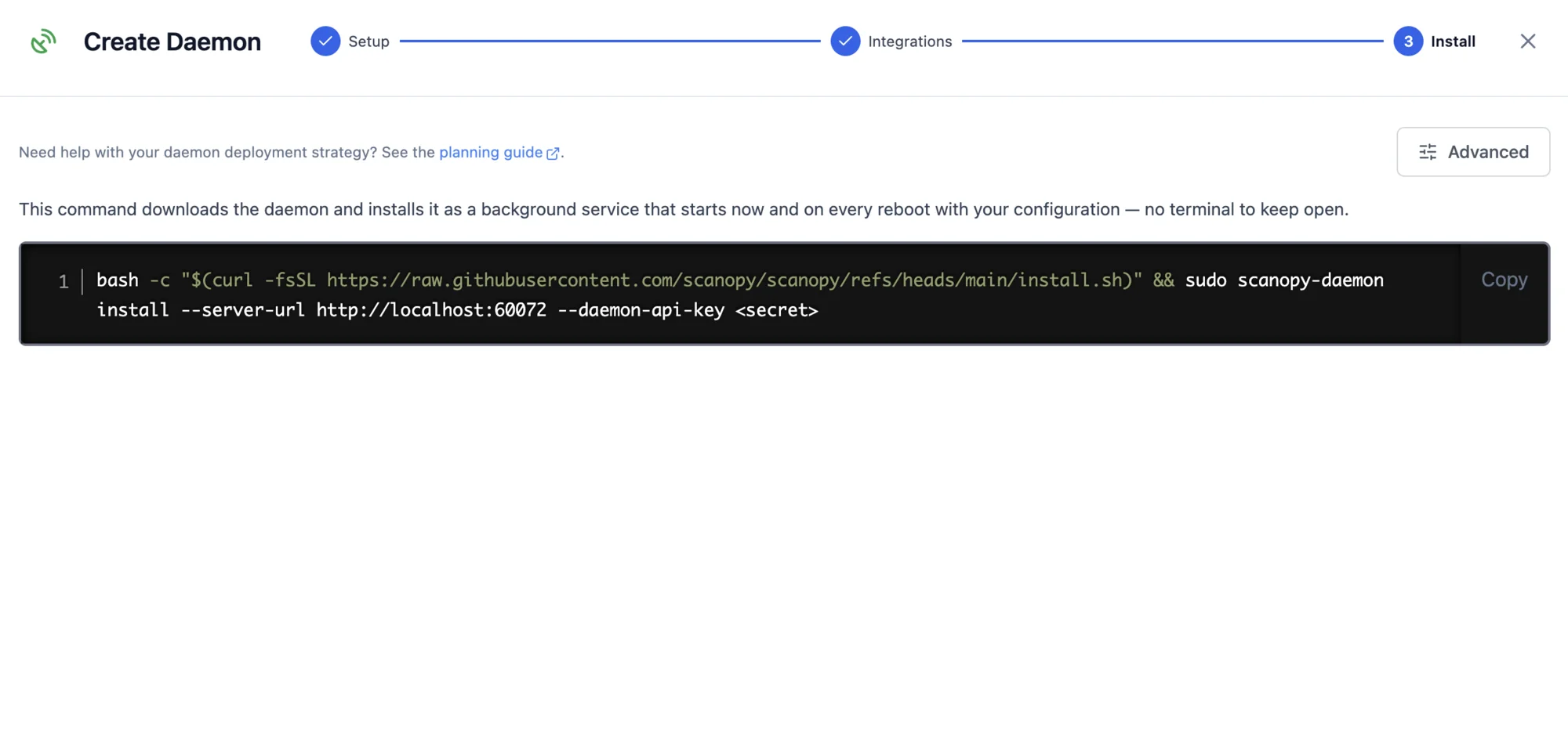The Install step of the Create Daemon wizard, showing the generated install command