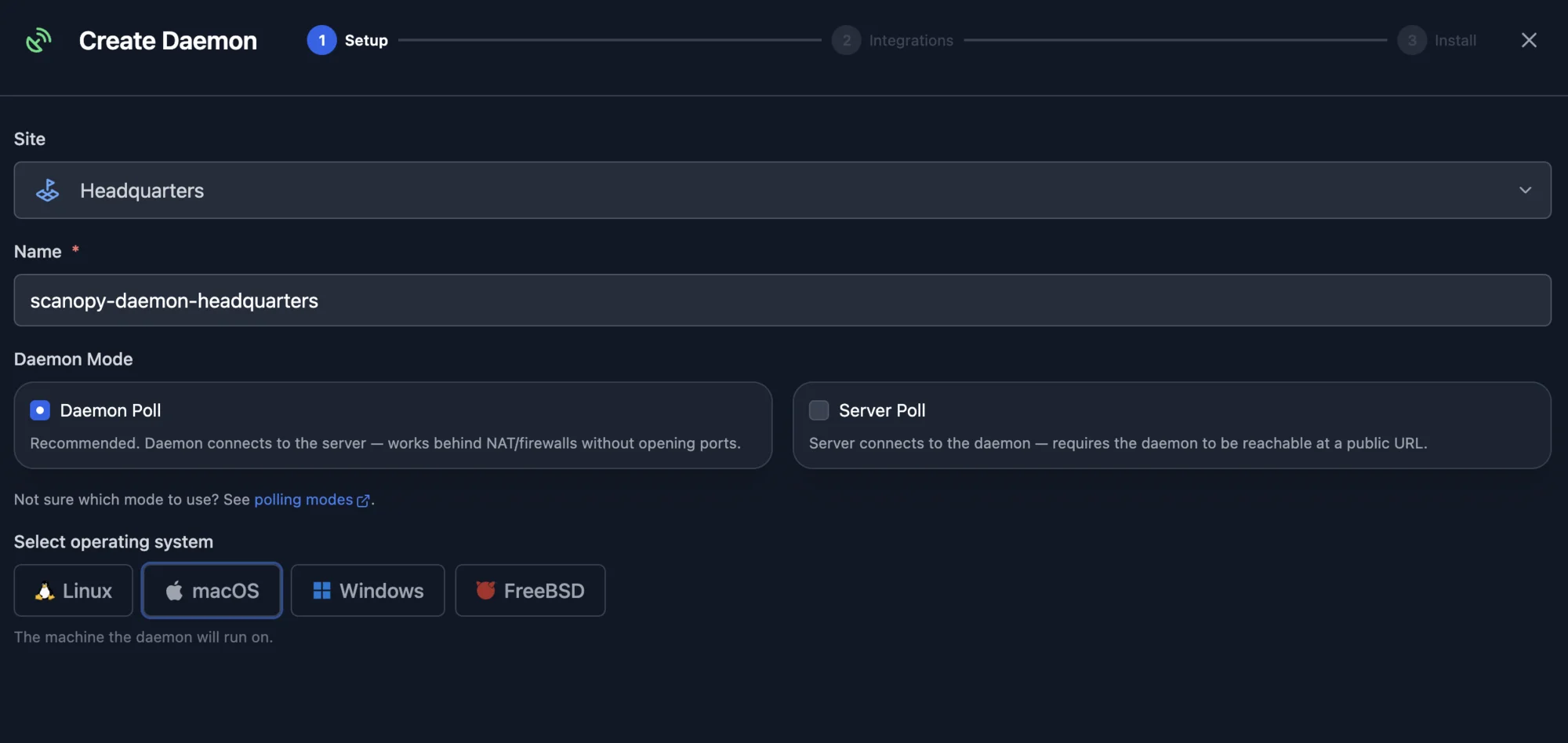 The Setup step of the Create Daemon wizard, with Daemon Poll selected over Server Poll