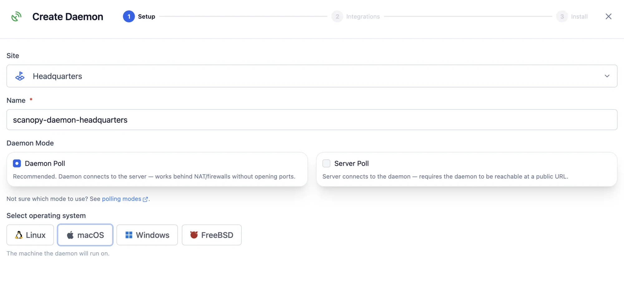 The Setup step of the Create Daemon wizard, with Daemon Poll selected over Server Poll