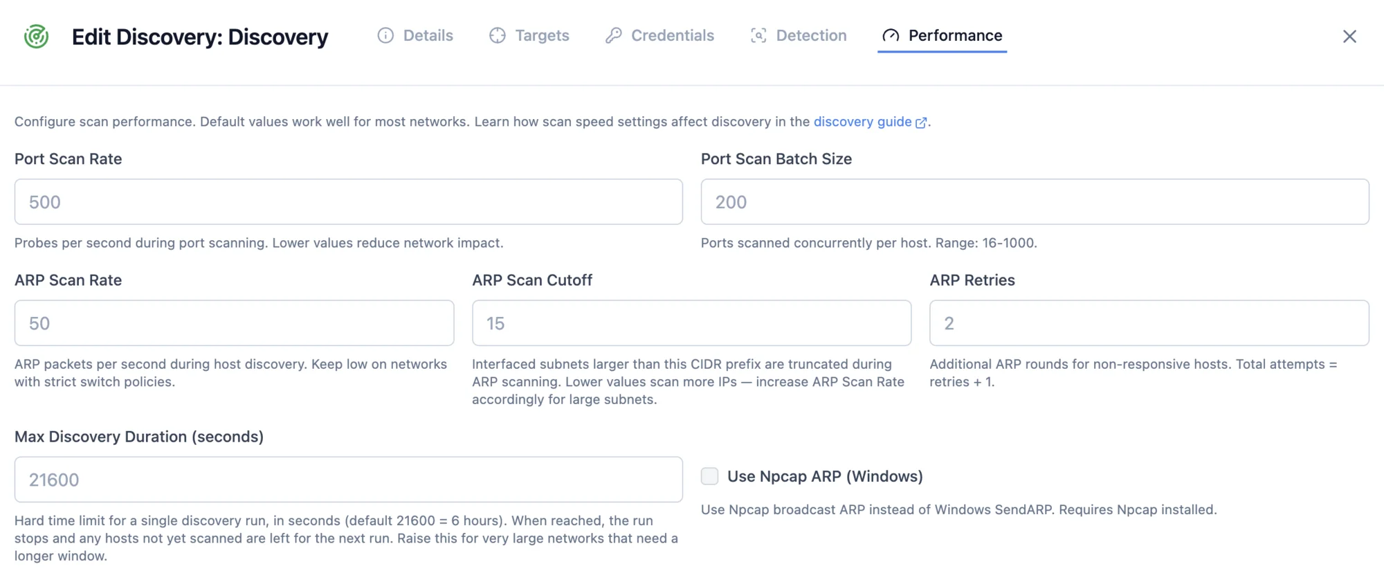 The Performance tab of a discovery, with port scan rate, batch size, ARP settings and maximum duration