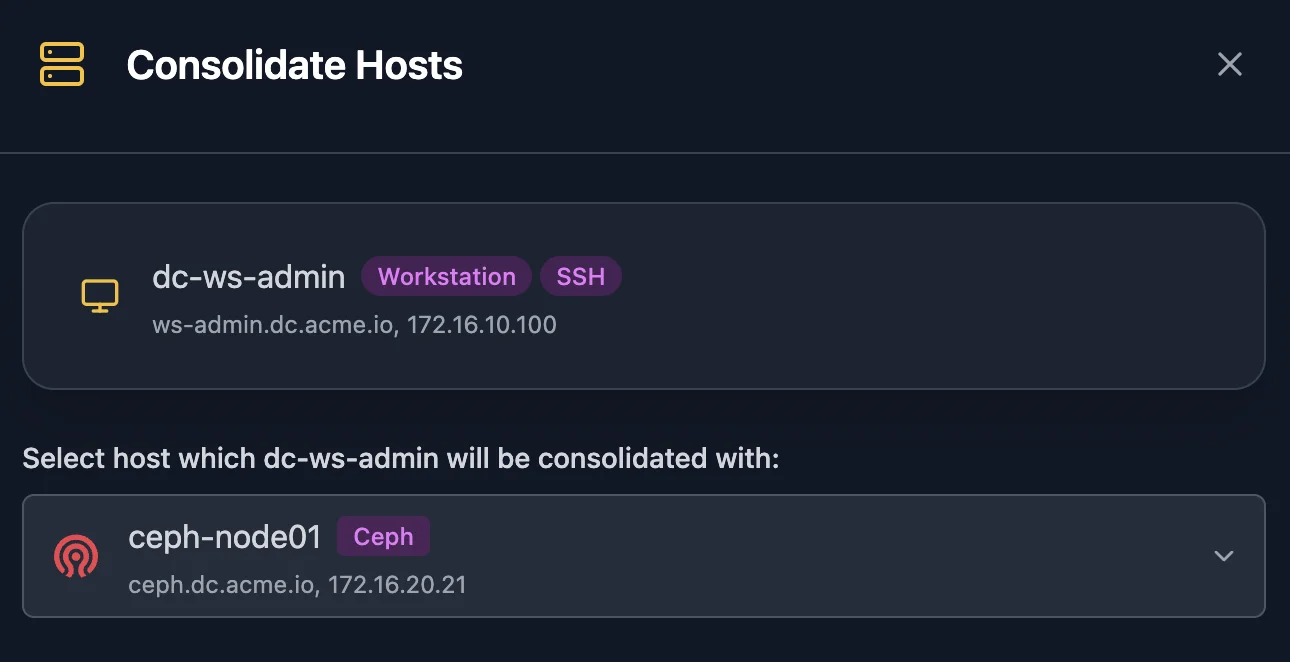 The Consolidate Hosts dialog, choosing the host to merge into