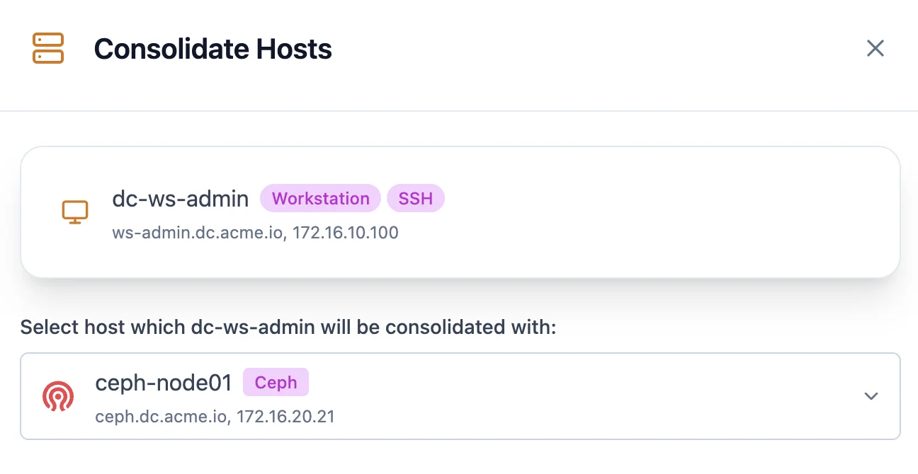 The Consolidate Hosts dialog, choosing the host to merge into