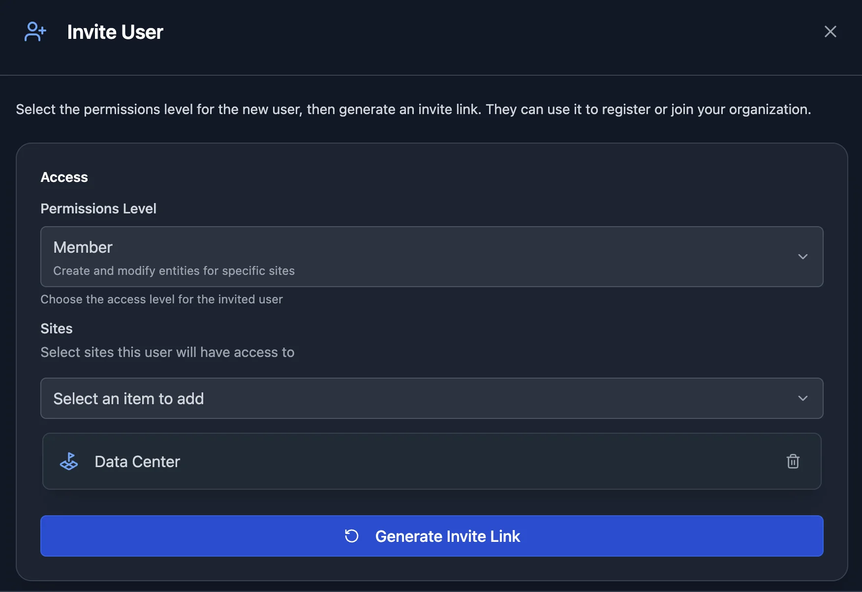 The Invite User dialog, with the Member permission level and access limited to the Data Center site