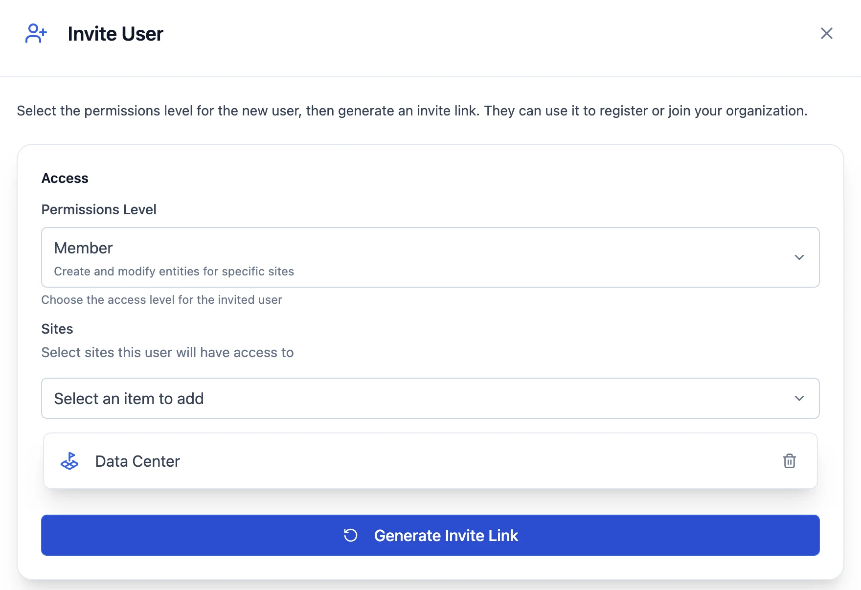 The Invite User dialog, with the Member permission level and access limited to the Data Center site