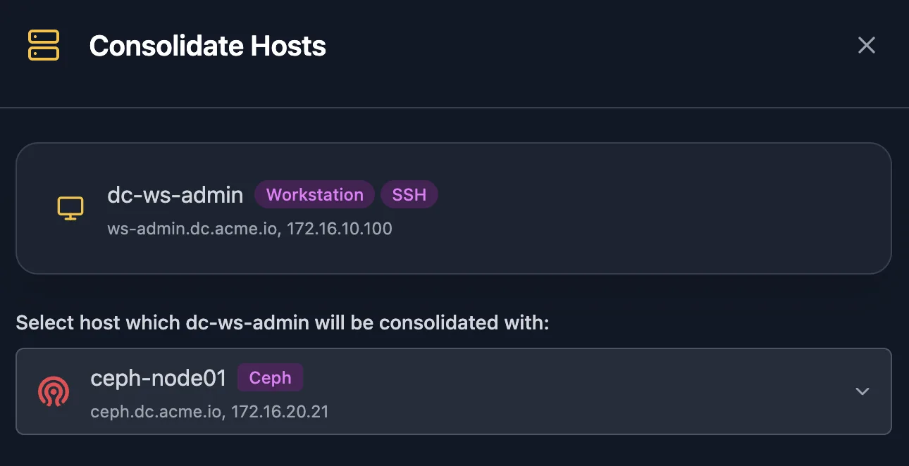 Scanopy Consolidate Hosts dialog merging one host record into another