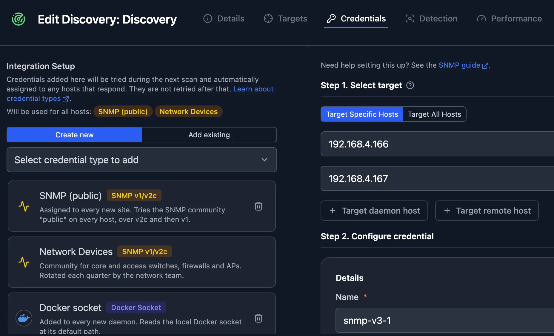 Scanopy Edit Discovery dialog on its Credentials tab, listing two SNMP credentials and a Docker socket credential, with a new credential targeted at two IP addresses