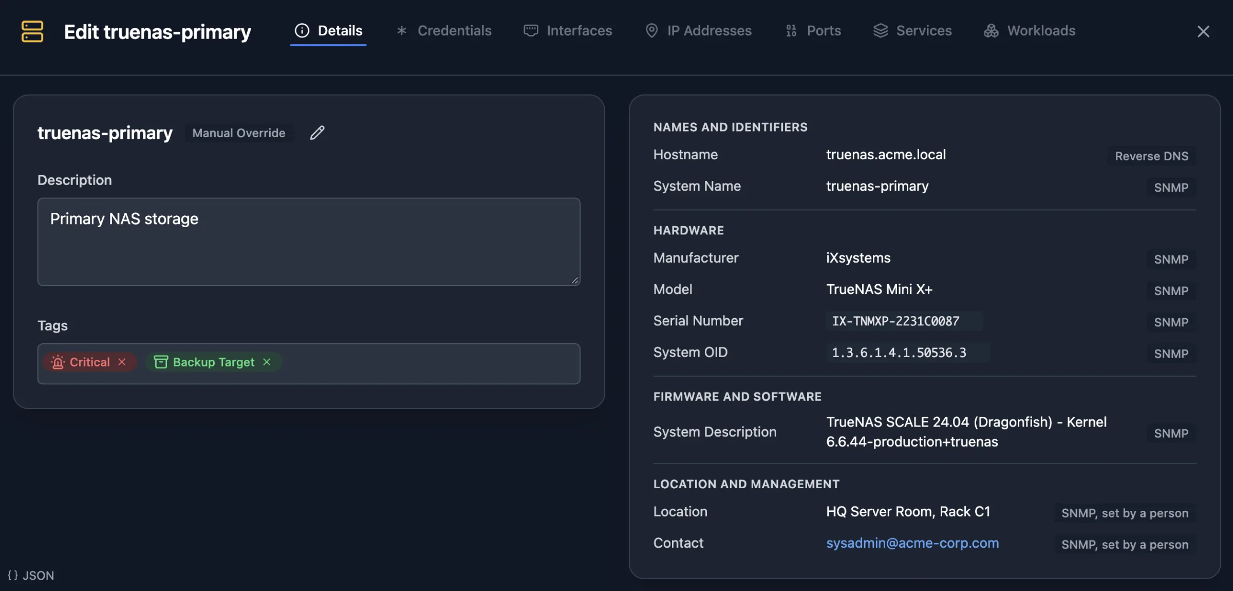 Scanopy host details with a description, tags, SNMP hardware facts, location, and contact