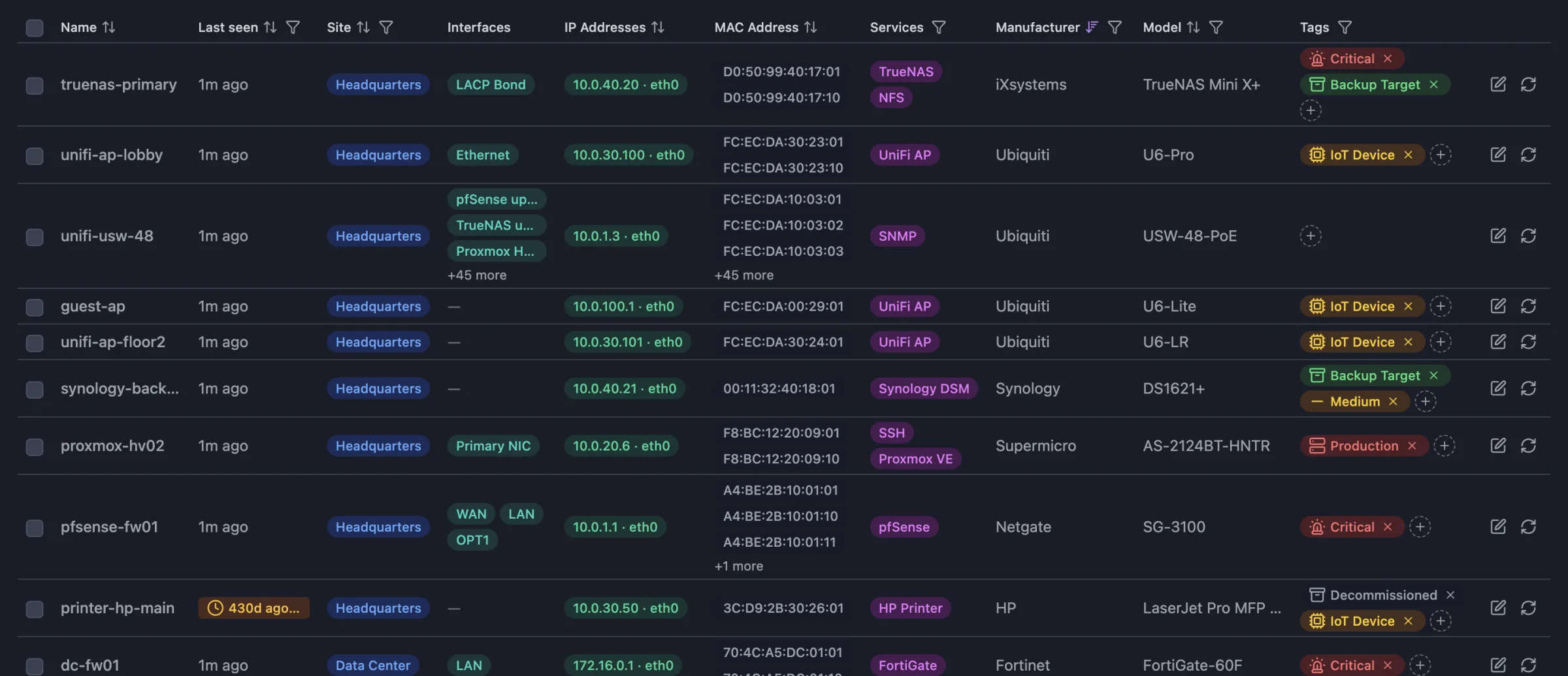 Scanopy Hosts list with each host’s site, interfaces, IP and MAC addresses, services, manufacturer, model, and tags