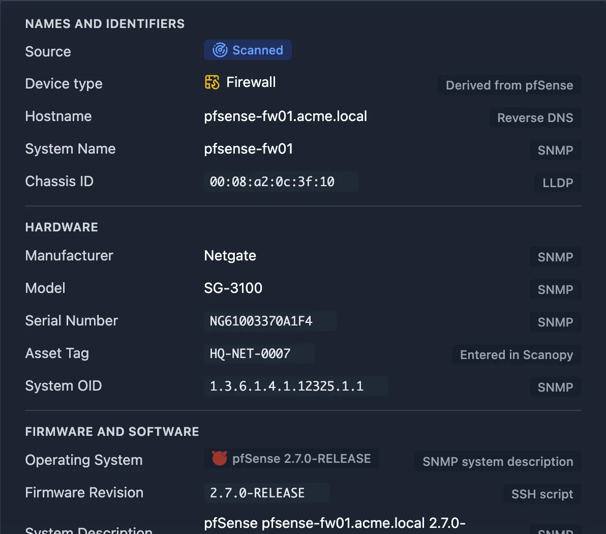 Scanopy host details for a scanned pfSense firewall, with each field labeled by its source: reverse DNS, SNMP, LLDP, an SSH script, the SNMP system description, or entered in Scanopy