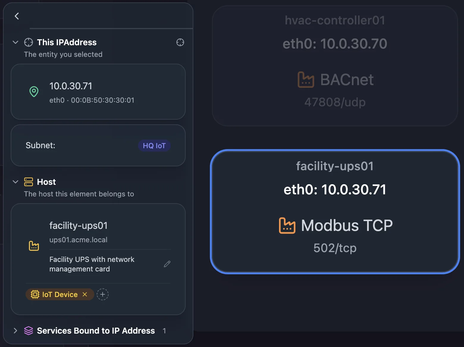 Scanopy inspector on a facility UPS identified by Modbus TCP on port 502, next to a BACnet HVAC controller