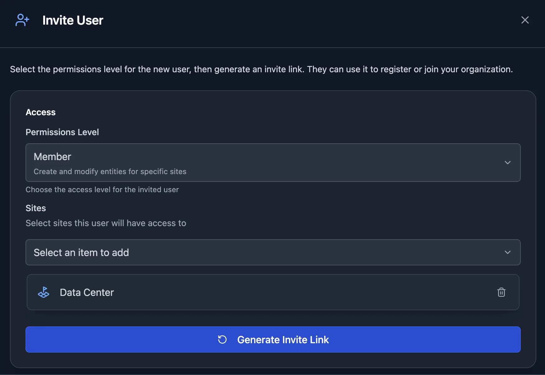 Scanopy Invite User form granting Member permissions on the Data Center site only