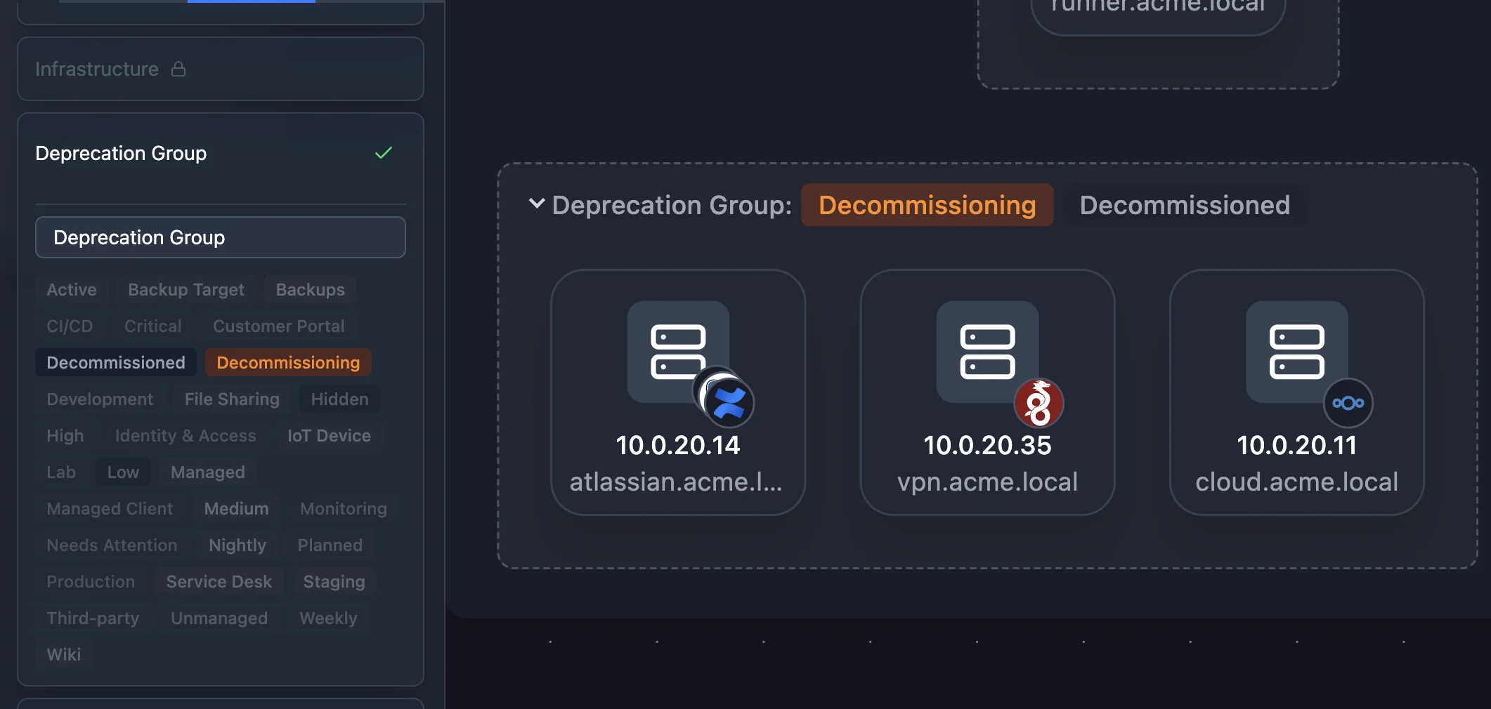 Scanopy map with a grouping rule named Deprecation Group gathering the hosts tagged Decommissioning or Decommissioned into one container