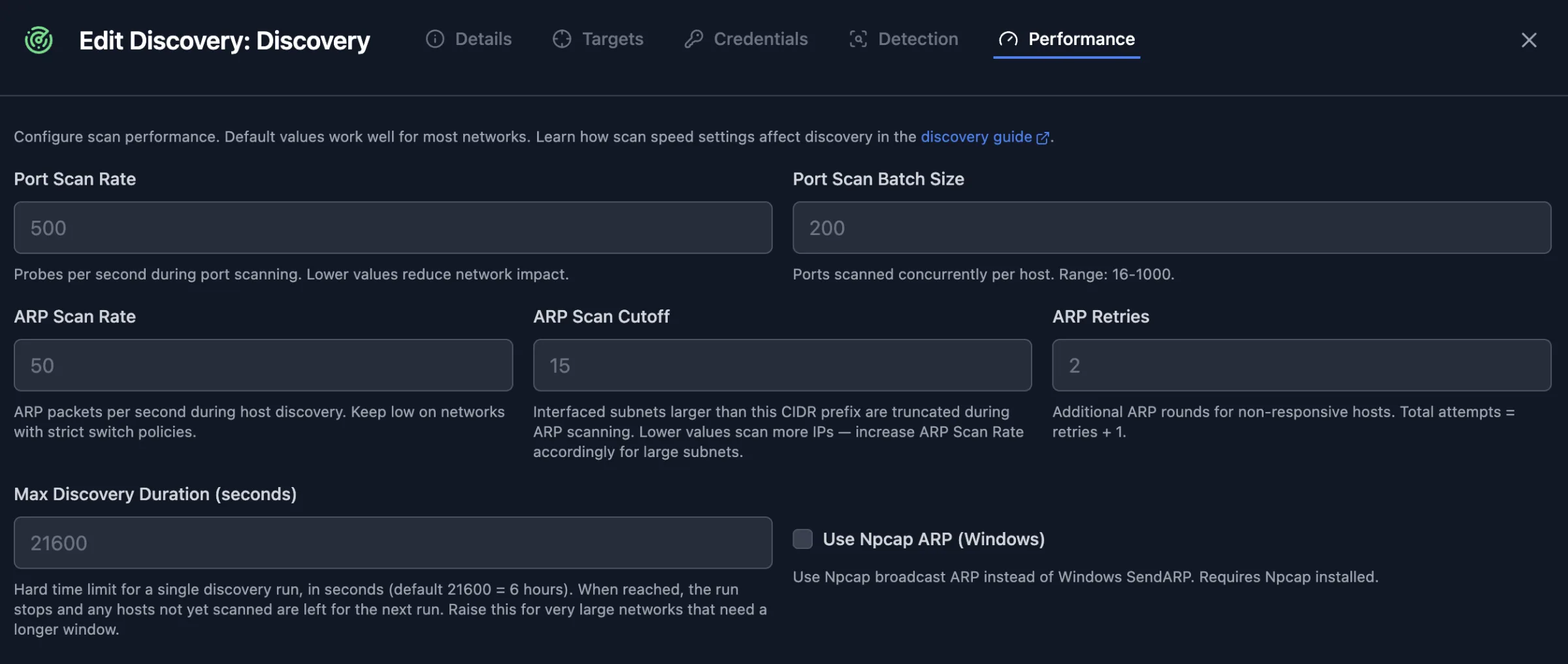 Scanopy discovery Performance tab with port scan rate, ARP scan rate, and maximum discovery duration