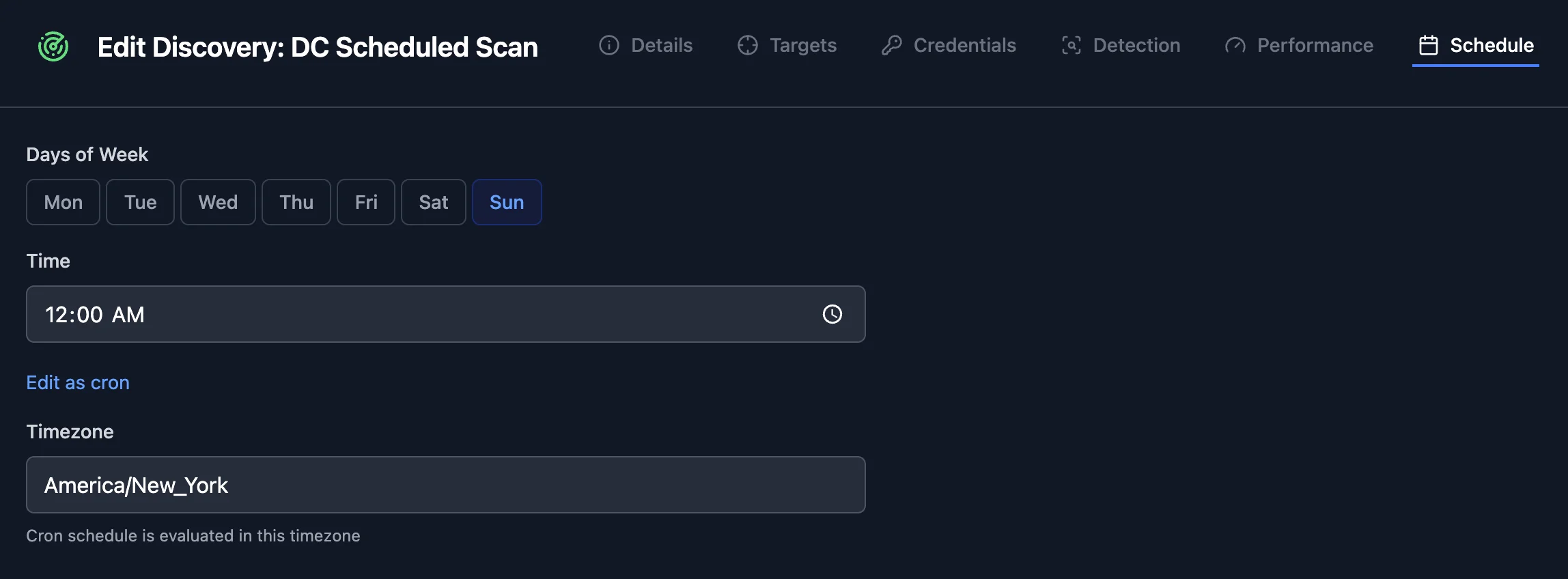 Scanopy Edit Discovery dialog on its Schedule tab, set to run every Sunday at 12:00 AM in the America/New_York timezone