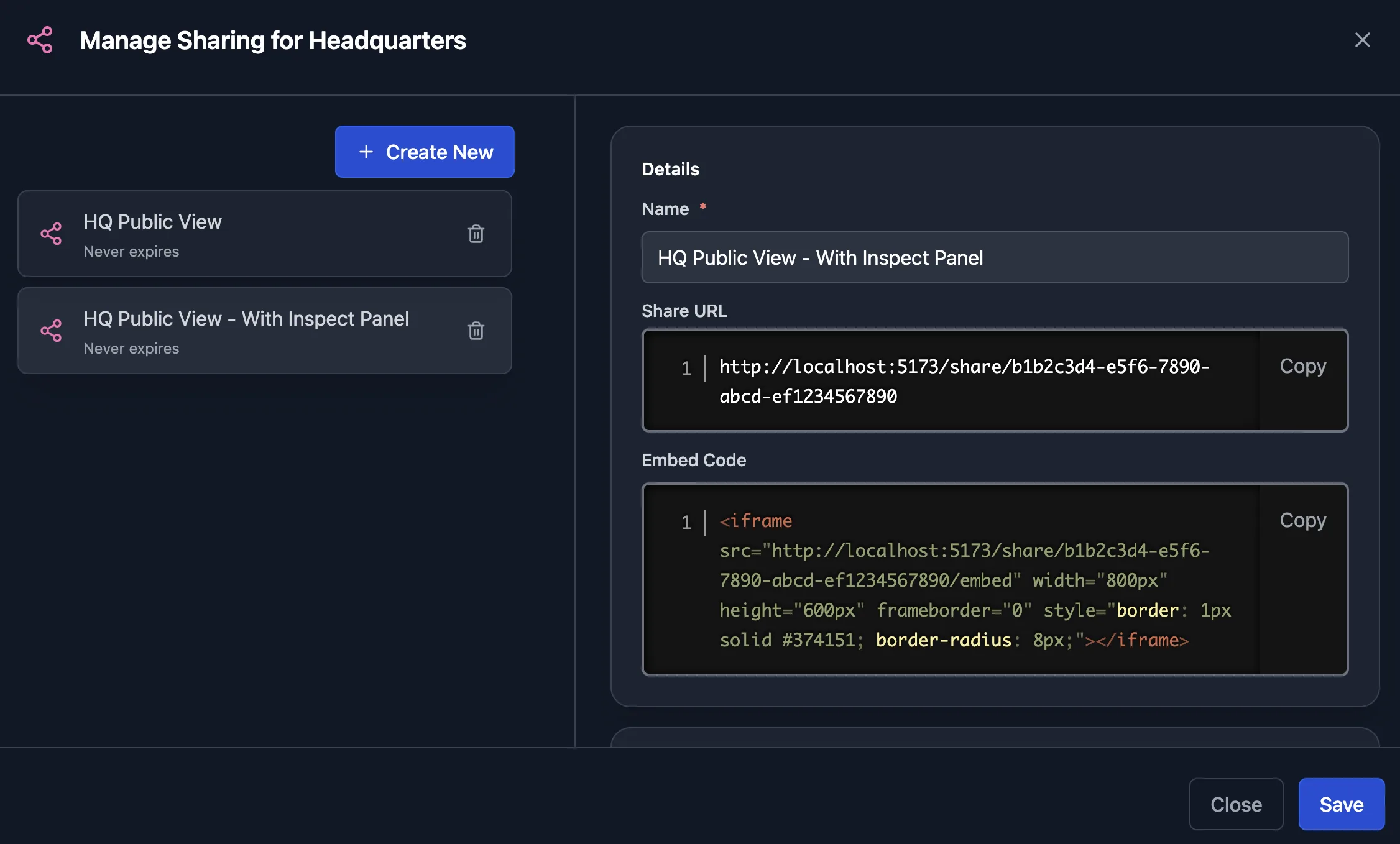 Scanopy share settings showing a share URL and the generated iframe embed code
