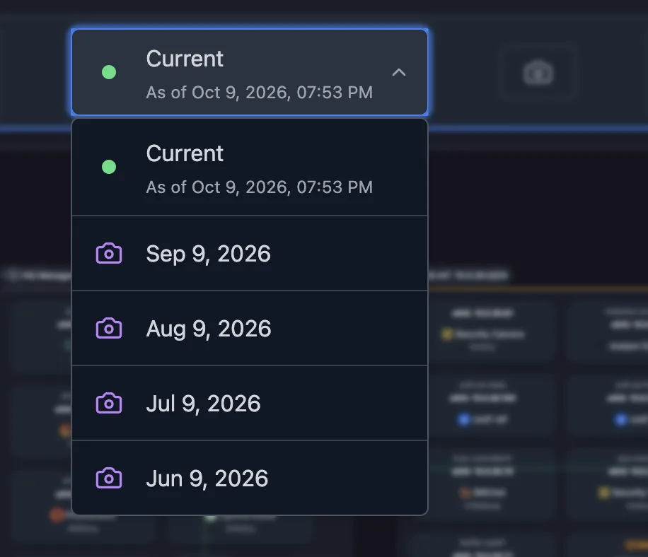 Scanopy topology snapshot menu listing the current view and four monthly snapshots